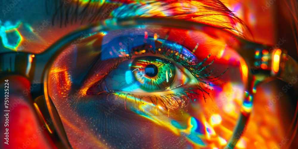 a woman's eye with colorful glasses, generative AI