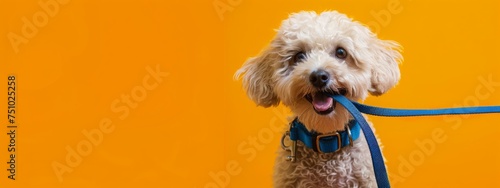 Adorable poodle holding a leash in its mouth, ready for a walk, against a bright orange background, showcasing playfulness and anticipation. Concept of pets, playfulness, and companionship.
 photo