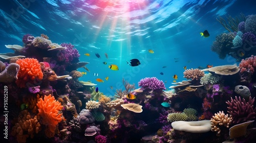 Underwater panorama of coral reef and tropical fish. Seascape