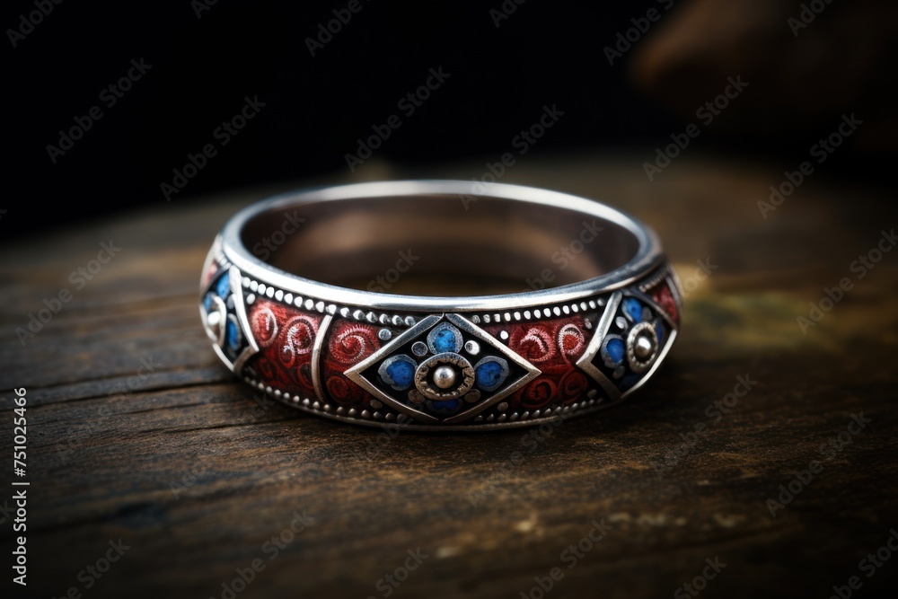 a silver ring with blue and red design a silver ring with blue and red design