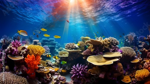 Underwater panorama of a coral reef with tropical fish and rays of light