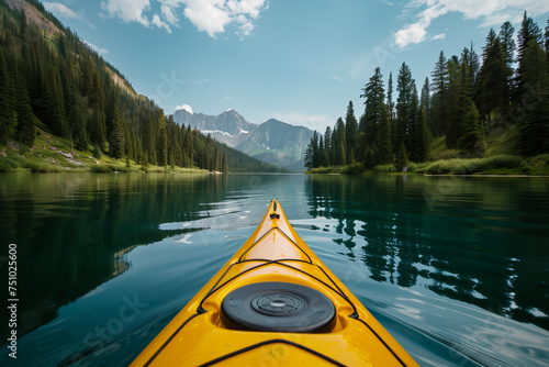Kayaking Adventure on a Crystal Clear water with Mountain Lake. Travel in summer sonsept..