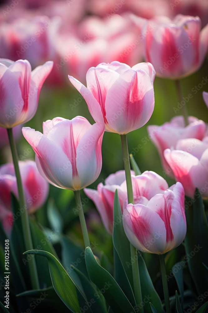 Obraz premium a group of pink and white tulips