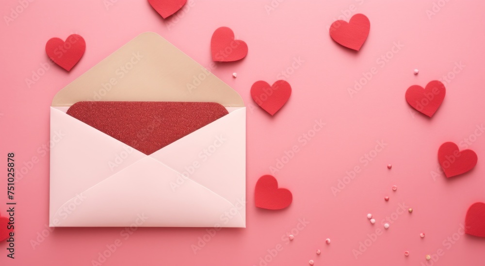 a pink envelope with red glitter in it and red hearts