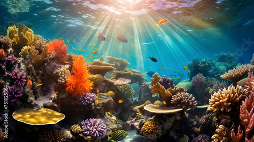 Underwater panorama of coral reef with fishes and corals at sunset