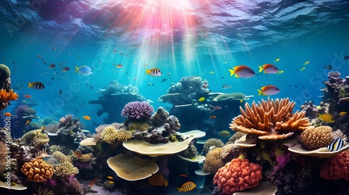 Underwater panoramic view of coral reef and tropical fish.