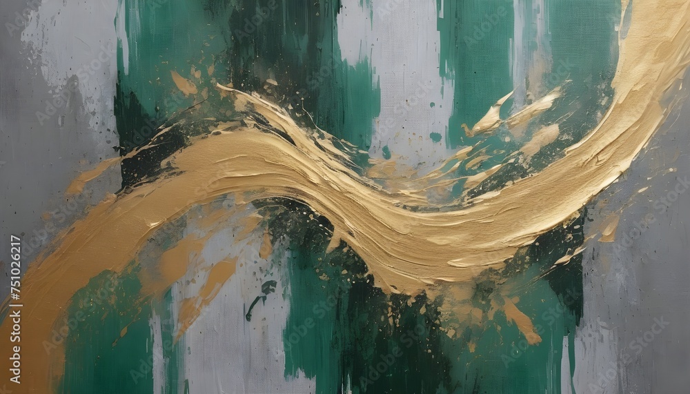 a textured background and golden brushstrokes on an abstract creative background. Canvas coated in oil. Contemporary Art. Wallpapers, cards, murals, carpets, hangings, prints, and floral, green, and g - obrazy, fototapety, plakaty 