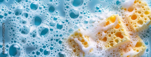 Close-up of soap suds and yellow sponge, capturing the essence of cleanliness with vibrant bubble textures in a household setting
 photo
