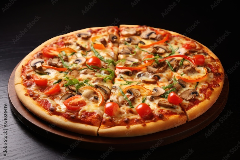 a pizza with mushrooms and tomatoes on a plate