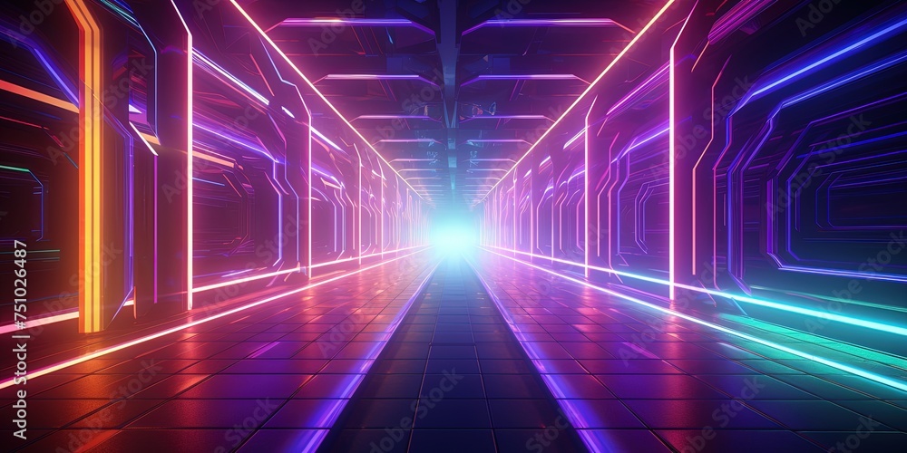 A brightly lit, neon corridor in stretching towards a bright light at the end