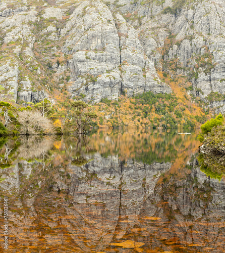 Abstract Crater lake , Cradle mountain national park,Tasmania, mountain rocks and autumn colored fagus reflecting into the lake photo
