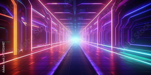 A brightly lit, neon corridor in stretching towards a bright light at the end