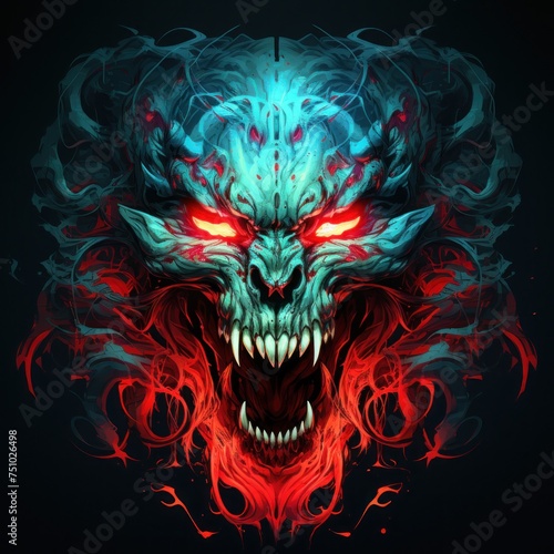 a digital art of a demon face with red and blue flames