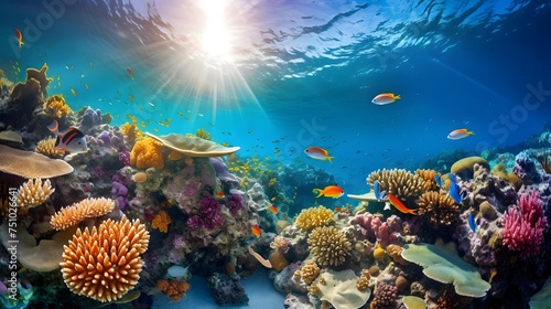 Underwater panorama of a tropical coral reef with fish and sunlight