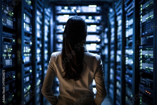 a woman standing in a server room