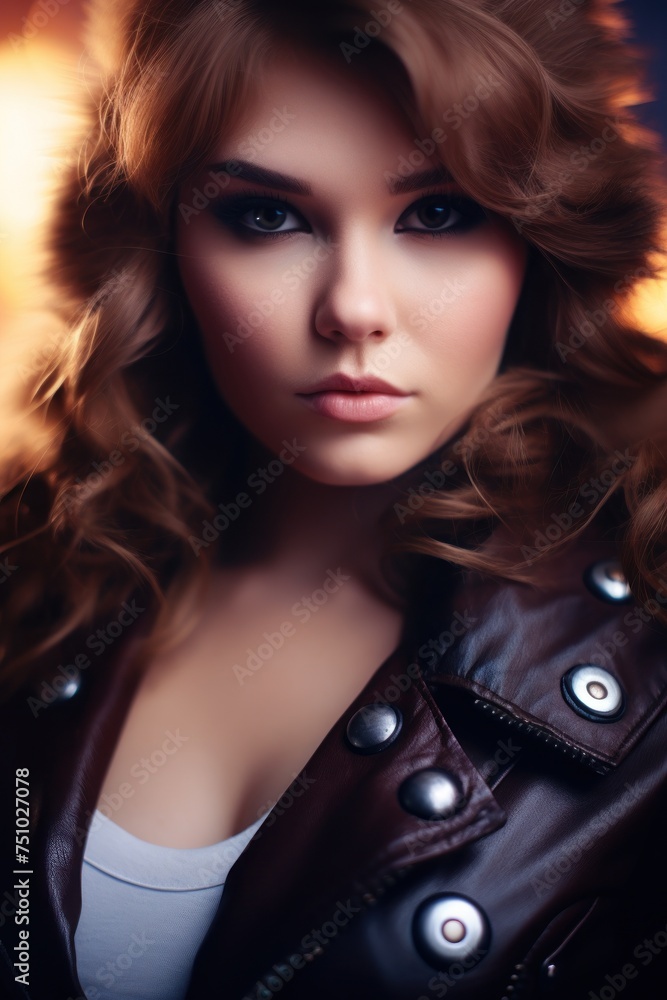 a woman with brown hair and a leather jacket a woman with brown hair and a leather jacket