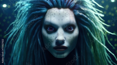 a woman with blue hair and red eyes