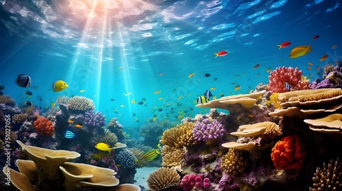 Coral reef and tropical fish. Underwater panoramic view.