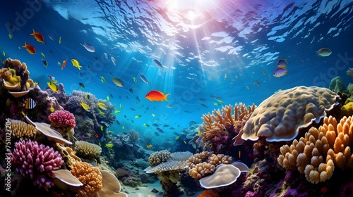 Coral reef and tropical fish. Underwater panoramic view. © Iman