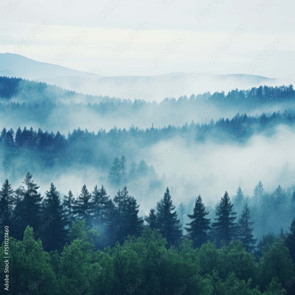 a forest with fog and mountains in the background