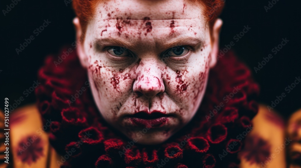 a person with red hair and blood on their face - obrazy, fototapety, plakaty 