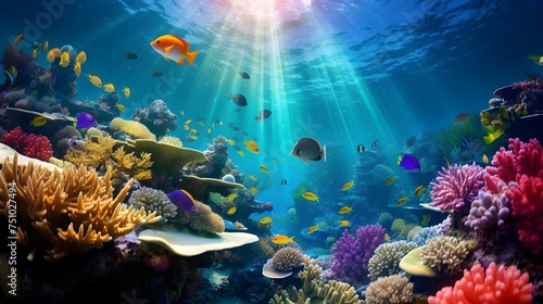 Coral reef and fish. Underwater panoramic view. © Iman