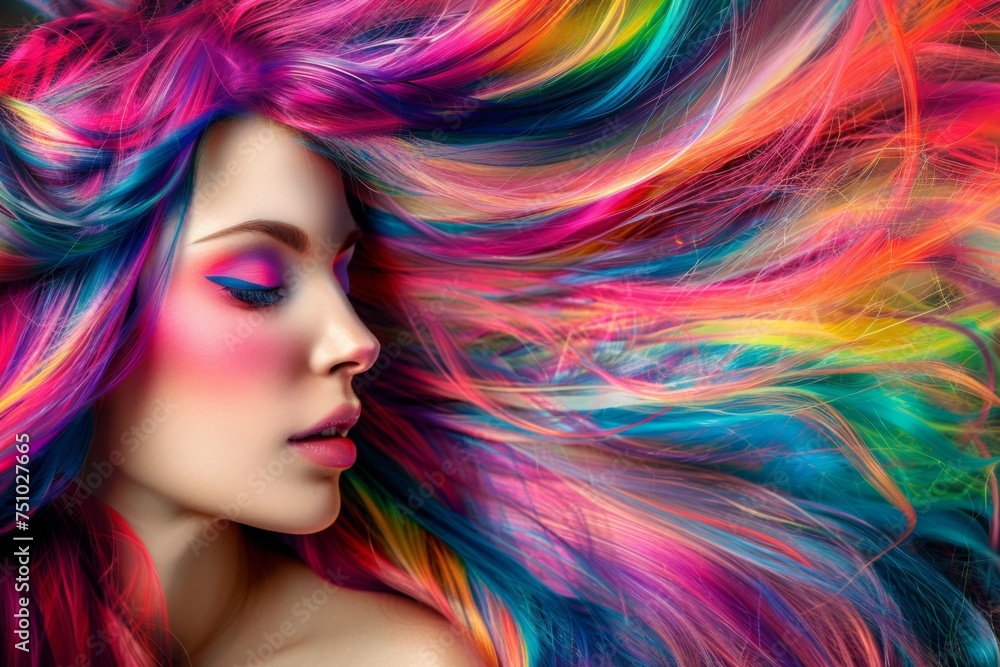 Portrait of beautiful young woman with bright multi-colored flying hair and perfect makeup. Fashion model girl with colorful dyed hairstyle and beautiful lips posing for beauty salon poster
