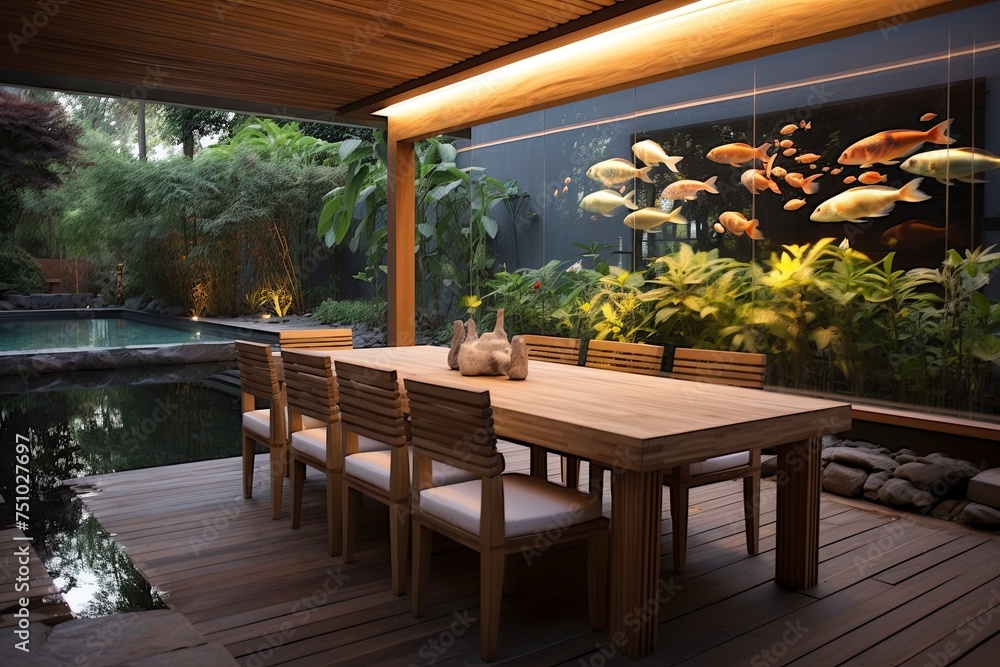 Fototapeta premium Minimalist Dining Area with Koi Pond Designs, Wooden Tables, and Fabric Chairs