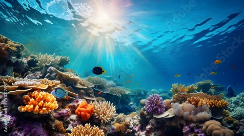 Underwater panorama of coral reef and tropical fish. Seascape.
