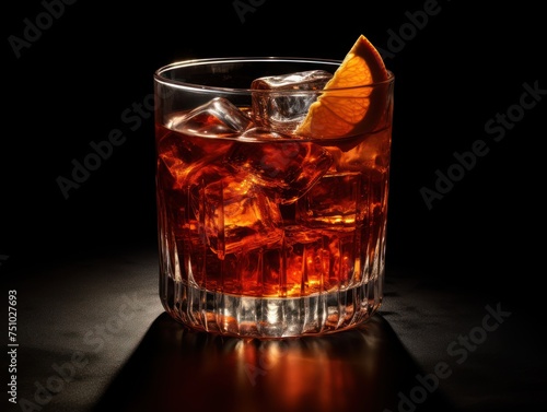 a glass with a drink and ice cubes and a slice of orange