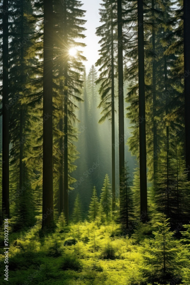 a forest with trees and sun shining through the trees