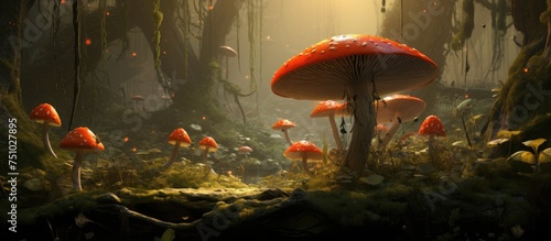 A cluster of vibrant red agaric mushrooms stands out in the lush green forest setting. These fungi are a striking contrast against the natural backdrop, adding a pop of color to the scene.