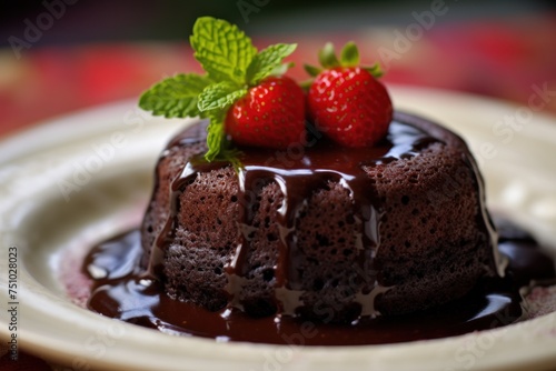 a chocolate cake with strawberries and mint on top