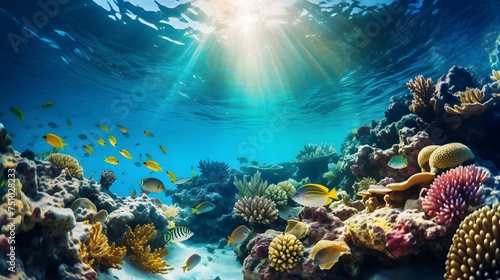 Underwater panorama of coral reef with fishes and corals.