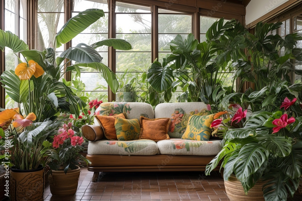 Tropical Plant Paradise: Living Room Oasis with Sofa Surrounded by Lush Potted Greenery Tropical Plant Paradise: Living Room Oasis with Sofa Surrounded by Lush Potted Greenery