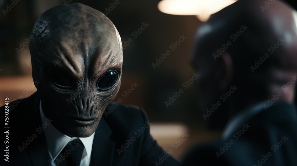 a person in a suit and alien mask a person in a suit and alien mask