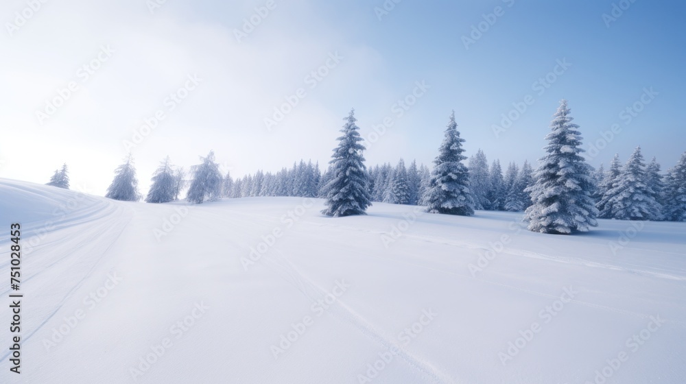 a snowy landscape with trees and a blue sky