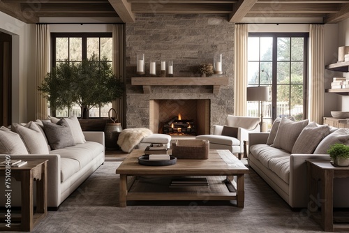 Cushioned Seating Harmony: Neutral Colored Rustic Living Room