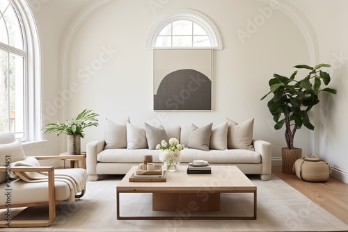 Serene Minimalist Living Room with Arch Window, Neutral Color Palettes