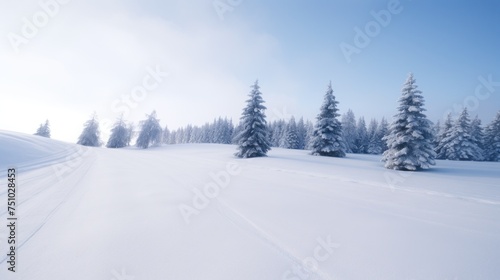 a snowy landscape with trees and a blue sky © sam