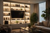Voice-Activated Living Room Display: Tech-Infused Shelving Units Illuminated