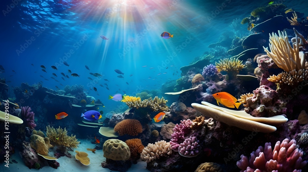Underwater panorama of coral reef with tropical fishes and corals