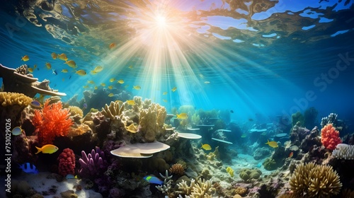 Underwater panorama of tropical coral reef with fishes and sunlight. © Iman