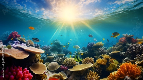 Panorama of beautiful coral reef with fishes and seaweed at sunset