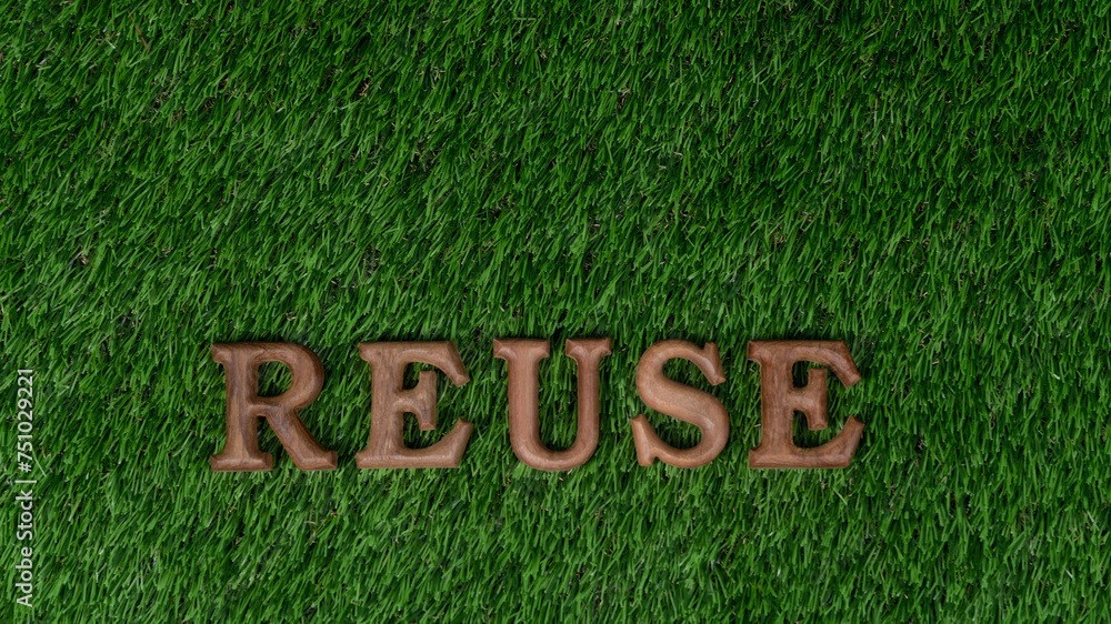 Environmental awareness campaign showcase arranged recycle message in on biophilic green grass background. Environmental social governance concept idea for sustainable and greener future. Gyre