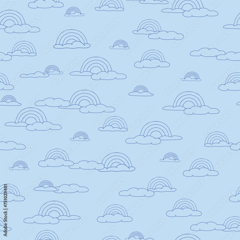 Blue Rainbows and Clouds in Line Art on Blue Background Seamless Pattern Blue Rainbows and Clouds in Line Art on Blue Background Seamless Pattern