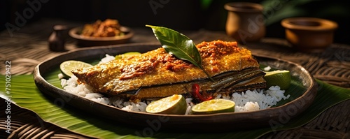 Traditional Indian fish curry made with tapioca and spicy Kerala-style seasoning, served on a banana leaf. Also known as kappa or cassava with sardine masala, this Asian cuisine