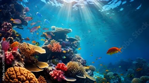 Underwater panorama of coral reef and fish. Underwater panorama. © Iman