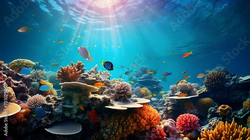 Coral reef and tropical fish. Underwater panoramic view. © Iman