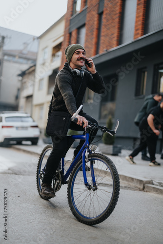 A cheerful man enjoys a bike ride while having a conversation on his mobile phone in a city neighborhood.
